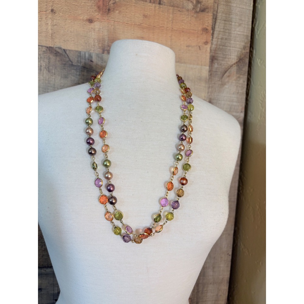 Multi Color Crystal Faux Pearl Long Station Necklace Gold Tone 42 Inch
